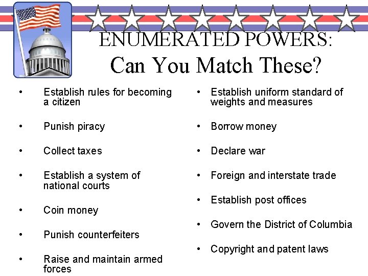 ENUMERATED POWERS: Can You Match These? • Establish rules for becoming a citizen •