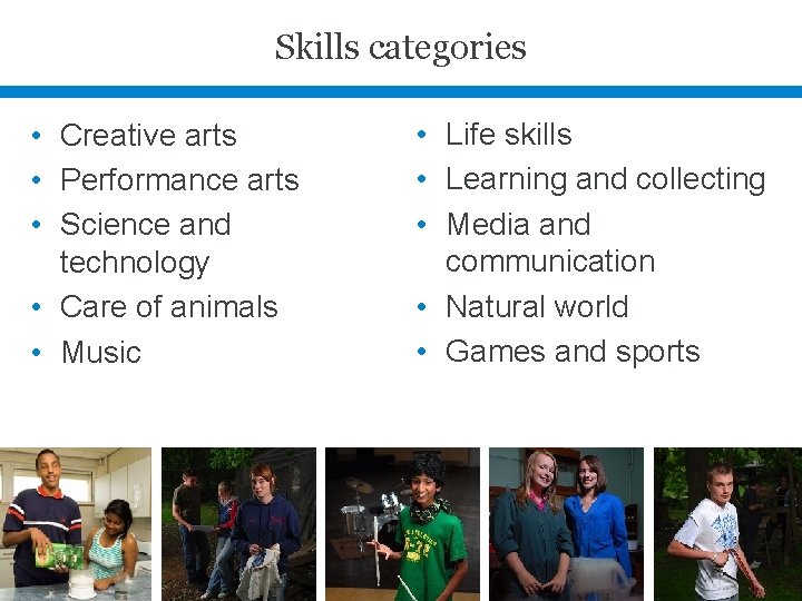 Skills categories • Creative arts • Performance arts • Science and technology • Care