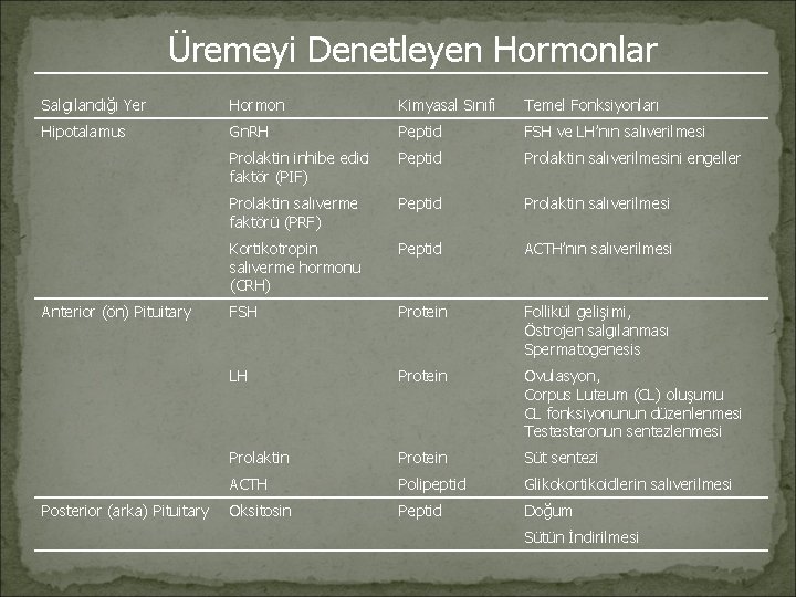 Üremeyi Denetleyen Hormonlar Salgılandığı Yer Hormon Kimyasal Sınıfı Temel Fonksiyonları Hipotalamus Gn. RH Peptid