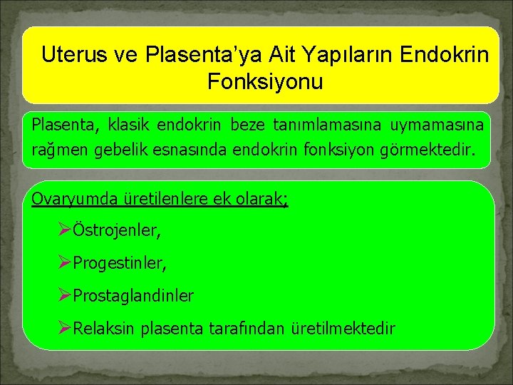 Uterus ve Plasenta’ya Ait Yapıların Endokrin Fonksiyonu Plasenta, klasik endokrin beze tanımlamasına uymamasına rağmen