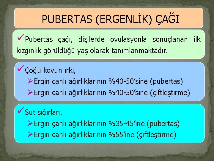 PUBERTAS (ERGENLİK) ÇAĞI üPubertas çağı, dişilerde ovulasyonla sonuçlanan ilk kızgınlık görüldüğü yaş olarak tanımlanmaktadır.