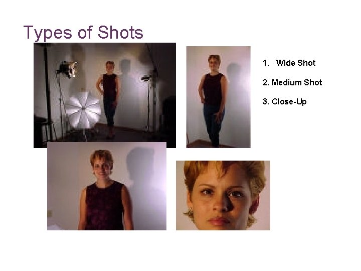 Types of Shots 1. Wide Shot 2. Medium Shot 3. Close-Up 