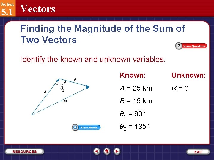 Section 5. 1 Vectors Finding the Magnitude of the Sum of Two Vectors Identify