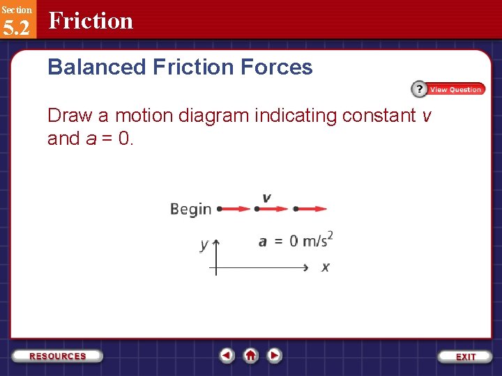 Section 5. 2 Friction Balanced Friction Forces Draw a motion diagram indicating constant v