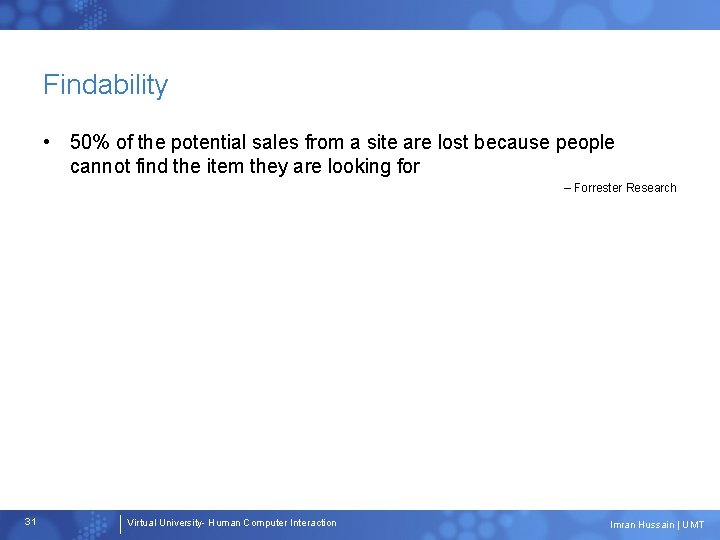 Findability • 50% of the potential sales from a site are lost because people