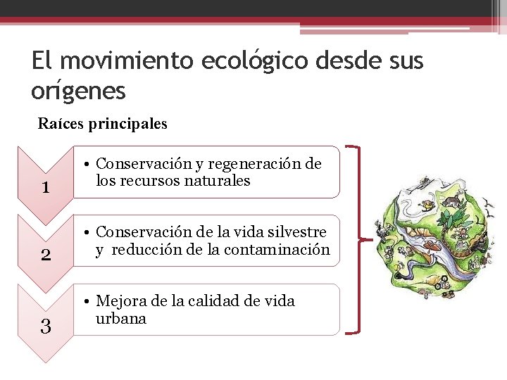 El movimiento ecológico desde sus orígenes Raíces principales 1 • Conservación y regeneración de