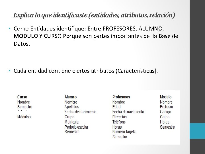 Explica lo que identificaste (entidades, atributos, relación) • Como Entidades identifique: Entre PROFESORES, ALUMNO,