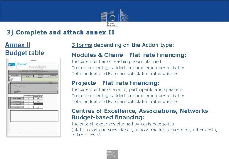3) Complete and attach annex II Annex II Budget table 3 forms depending on