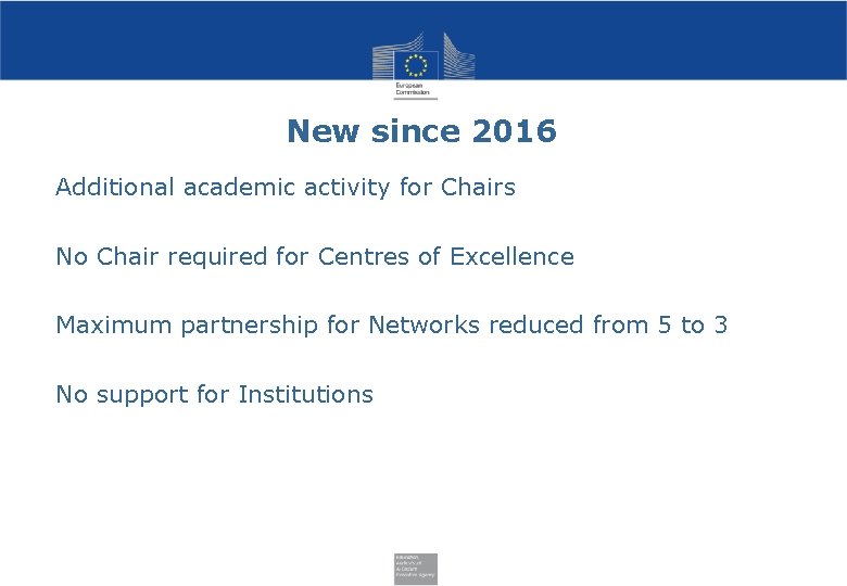 New since 2016 Additional academic activity for Chairs No Chair required for Centres of