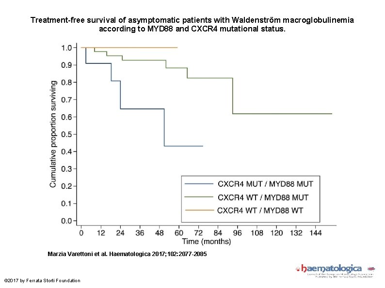 Treatment-free survival of asymptomatic patients with Waldenström macroglobulinemia according to MYD 88 and CXCR