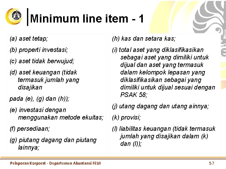 Minimum line item - 1 (a) aset tetap; (h) kas dan setara kas; (b)