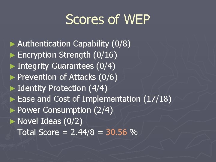 Scores of WEP ► Authentication Capability (0/8) ► Encryption Strength (0/16) ► Integrity Guarantees