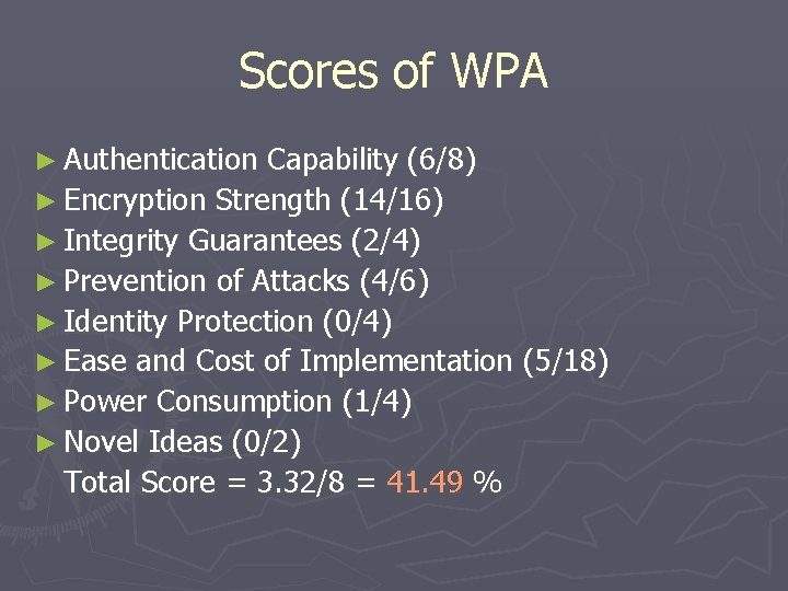 Scores of WPA ► Authentication Capability (6/8) ► Encryption Strength (14/16) ► Integrity Guarantees