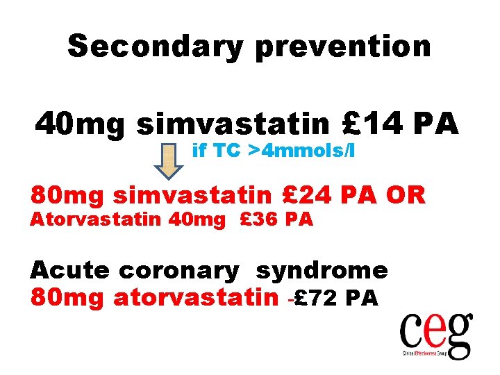 Secondary prevention 40 mg simvastatin £ 14 PA if TC >4 mmols/l 80 mg