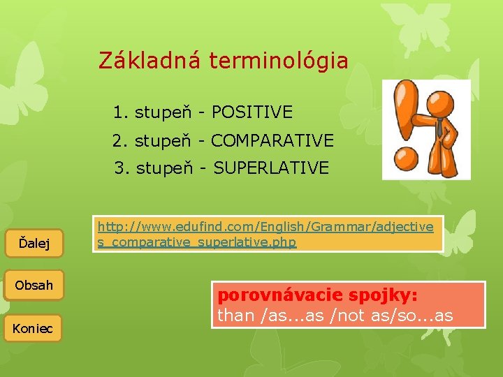 Základná terminológia 1. stupeň - POSITIVE 2. stupeň - COMPARATIVE 3. stupeň - SUPERLATIVE