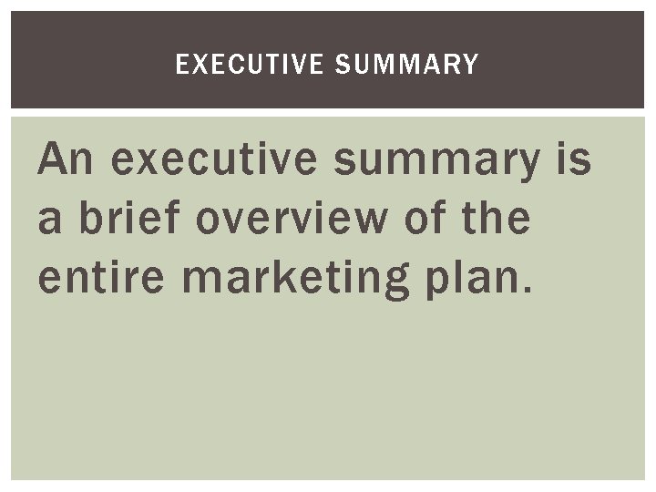 EXECUTIVE SUMMARY An executive summary is a brief overview of the entire marketing plan.
