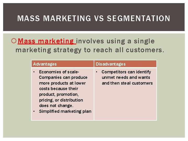 MASS MARKETING VS SEGMENTATION Mass marketing involves using a single marketing strategy to reach