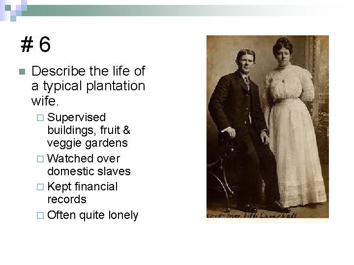 #6 n Describe the life of a typical plantation wife. ¨ Supervised buildings, fruit