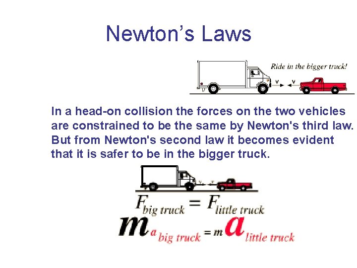 Newton’s Laws In a head-on collision the forces on the two vehicles are constrained Newton’s Laws In a head-on collision the forces on the two vehicles are constrained