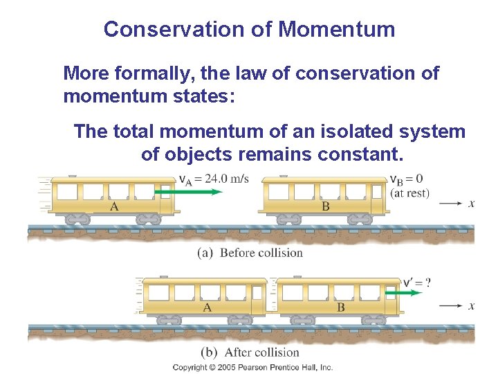 Conservation of Momentum More formally, the law of conservation of momentum states: The total Conservation of Momentum More formally, the law of conservation of momentum states: The total