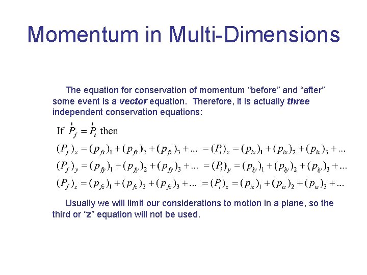 Momentum in Multi-Dimensions The equation for conservation of momentum “before” and “after” some event Momentum in Multi-Dimensions The equation for conservation of momentum “before” and “after” some event