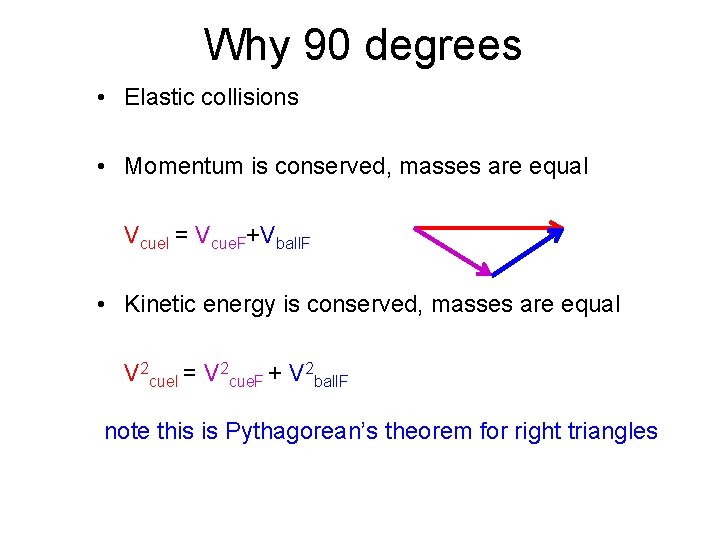 Why 90 degrees • Elastic collisions • Momentum is conserved, masses are equal Vcue. Why 90 degrees • Elastic collisions • Momentum is conserved, masses are equal Vcue.