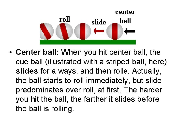 • Center ball: When you hit center ball, the cue ball (illustrated with • Center ball: When you hit center ball, the cue ball (illustrated with
