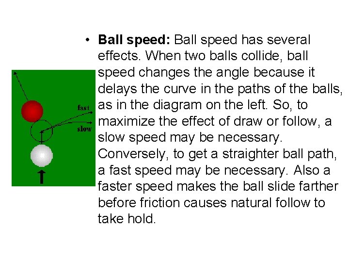 • Ball speed: Ball speed has several effects. When two balls collide, ball • Ball speed: Ball speed has several effects. When two balls collide, ball