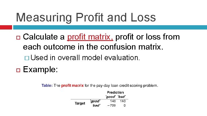 Measuring Profit and Loss Calculate a profit matrix, profit or loss from each outcome