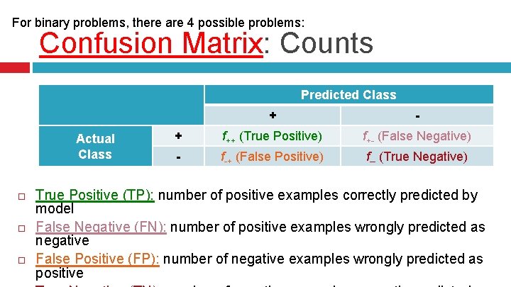 For binary problems, there are 4 possible problems: Confusion Matrix: Counts Predicted Class Actual