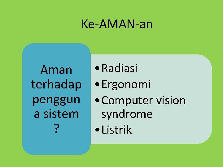 Ke-AMAN-an Aman terhadap penggun a sistem ? • Radiasi • Ergonomi • Computer vision