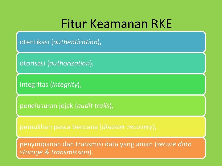 Fitur Keamanan RKE otentikasi (authentication), otorisasi (authorization), integritas (integrity), penelusuran jejak (audit trails), pemulihan