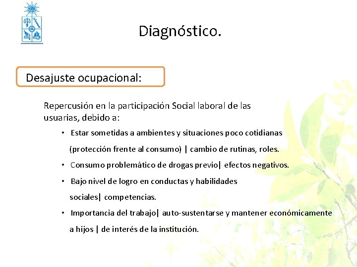 Diagnóstico. Desajuste ocupacional: Repercusión en la participación Social laboral de las usuarias, debido a: