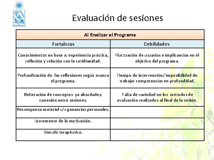 Evaluación de sesiones Al finalizar el Programa Fortalezas Debilidades Conocimientos en base a: experiencia