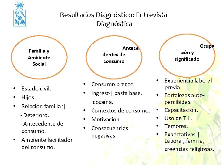 Resultados Diagnóstico: Entrevista Diagnóstica Familia y Ambiente Social • Estado civil. • Hijos. •