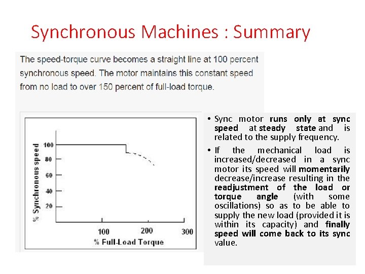 Synchronous Machines : Summary • Sync motor runs only at sync speed at steady