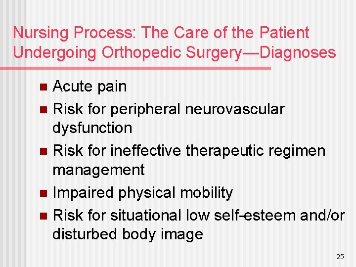 Nursing Process: The Care of the Patient Undergoing Orthopedic Surgery—Diagnoses Acute pain n Risk