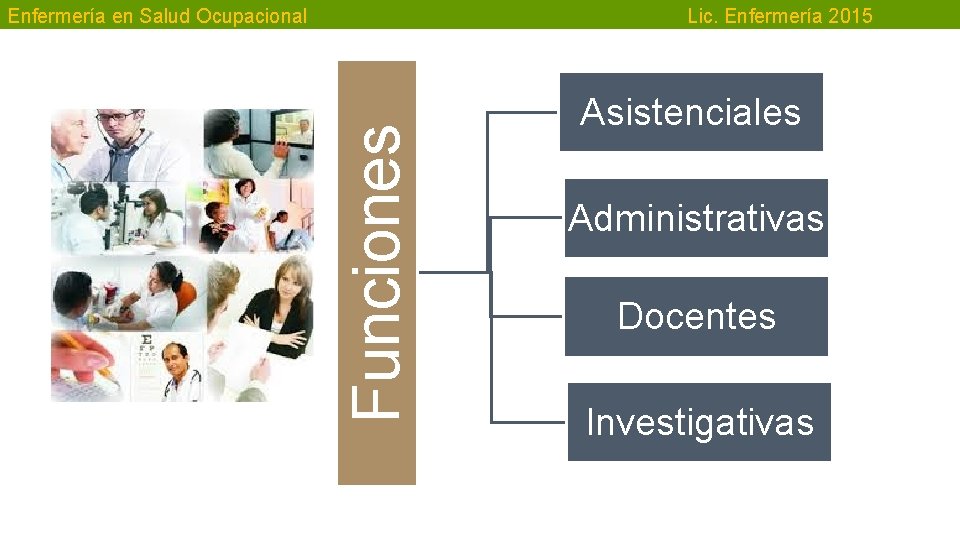 Lic. Enfermería 2015 Funciones Enfermería en Salud Ocupacional Asistenciales Administrativas Docentes Investigativas 