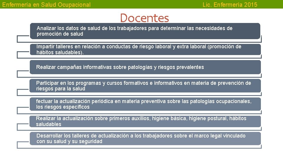 Enfermería en Salud Ocupacional Lic. Enfermería 2015 Docentes Analizar los datos de salud de