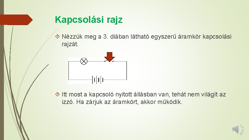 Kapcsolási rajz Nézzük meg a 3. diában látható egyszerű áramkör kapcsolási rajzát. Itt most