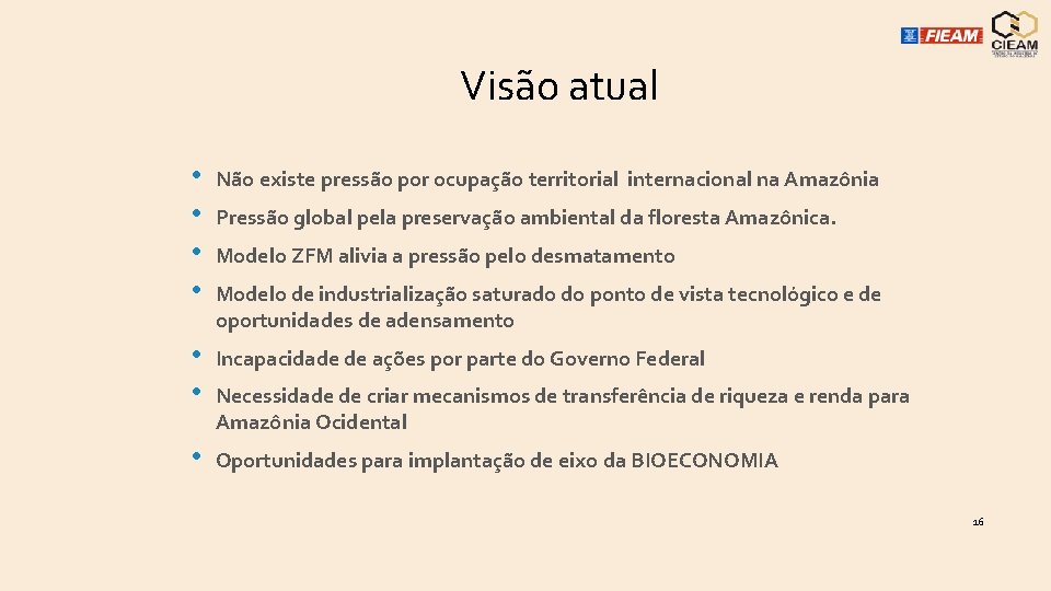 Visão atual • • Não existe pressão por ocupação territorial internacional na Amazônia •