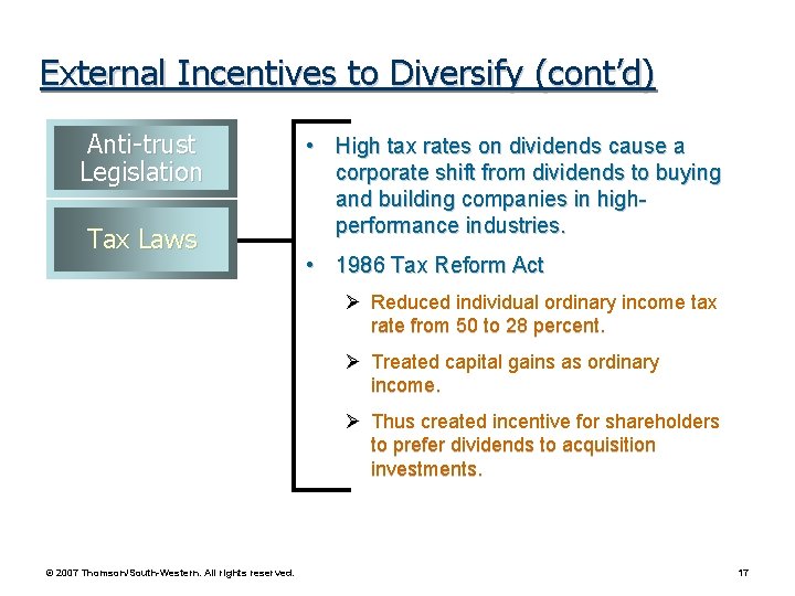 External Incentives to Diversify (cont’d) Anti-trust Legislation Tax Laws • High tax rates on
