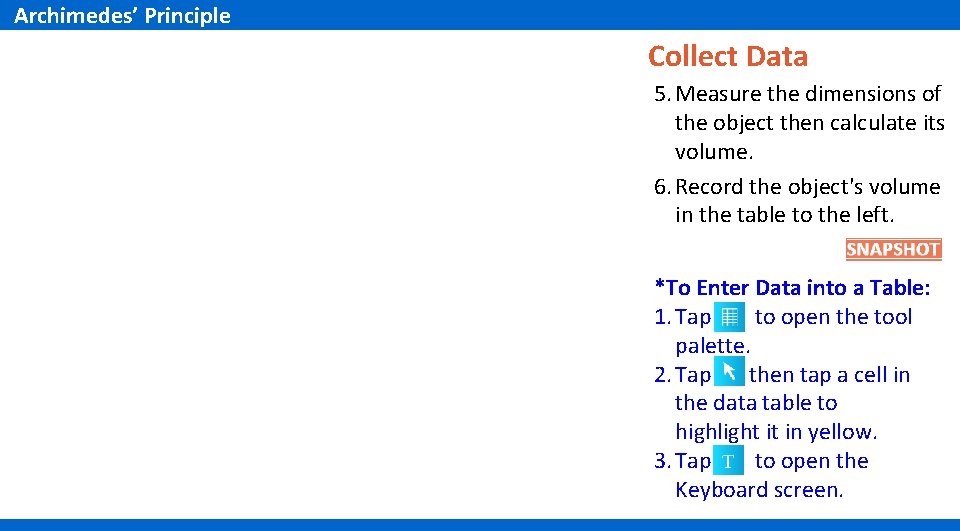 Archimedes’ Principle Collect Data 5. Measure the dimensions of the object then calculate its