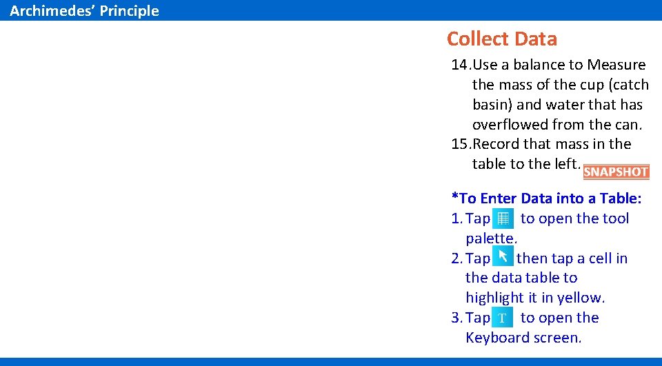 Archimedes’ Principle Collect Data 14. Use a balance to Measure the mass of the