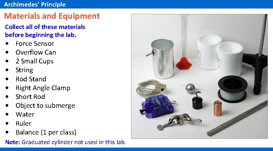 Archimedes’ Principle Materials and Equipment Collect all of these materials before beginning the lab.