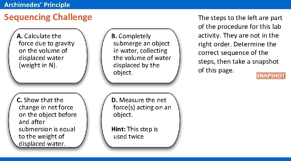 Archimedes’ Principle Sequencing Challenge A. Calculate the force due to gravity on the volume