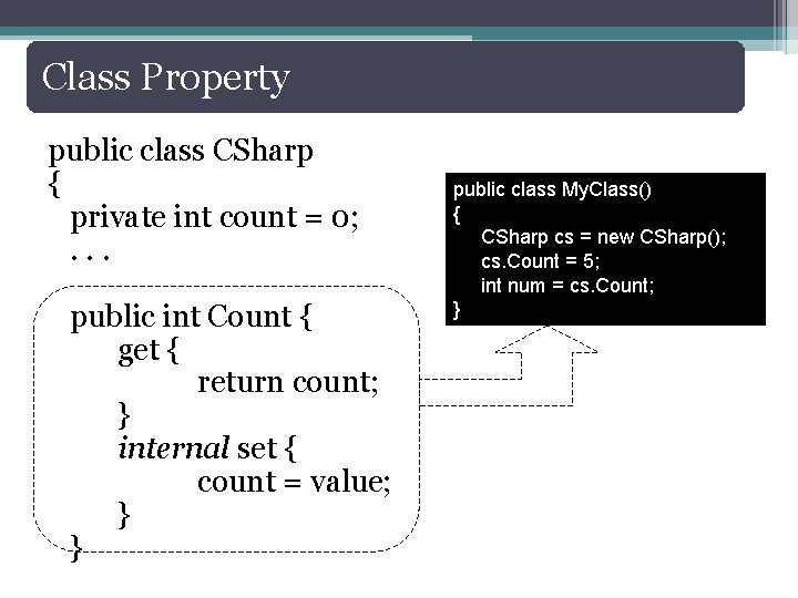 Class Property public class CSharp { private int count = 0; . . .