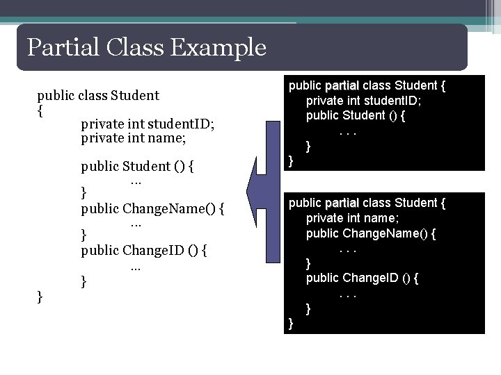 Partial Class Example public class Student { private int student. ID; private int name;