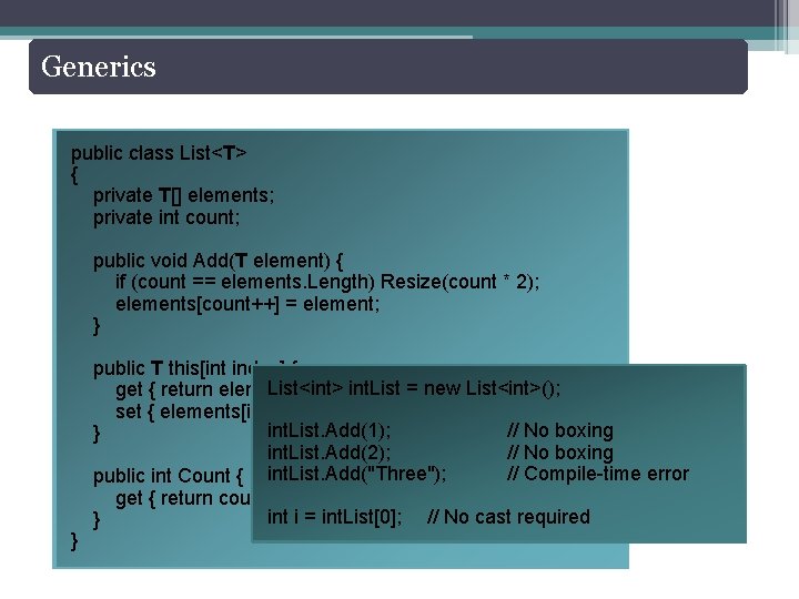 Generics public class List<T> {{ private object[] T[] elements; private int count; public void