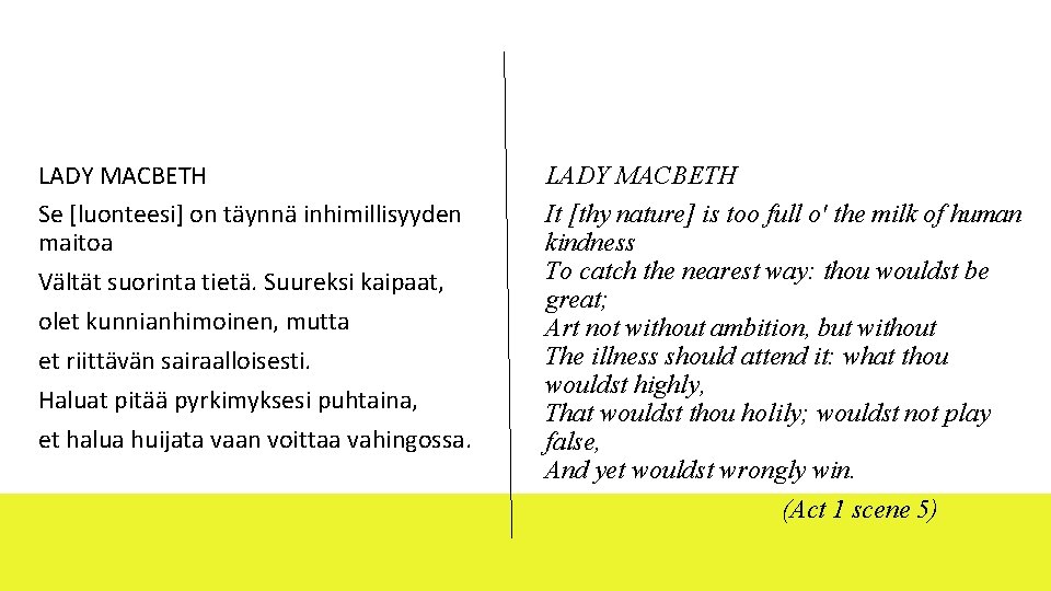 LADY MACBETH Se [luonteesi] on täynnä inhimillisyyden maitoa Vältät suorinta tietä. Suureksi kaipaat, olet